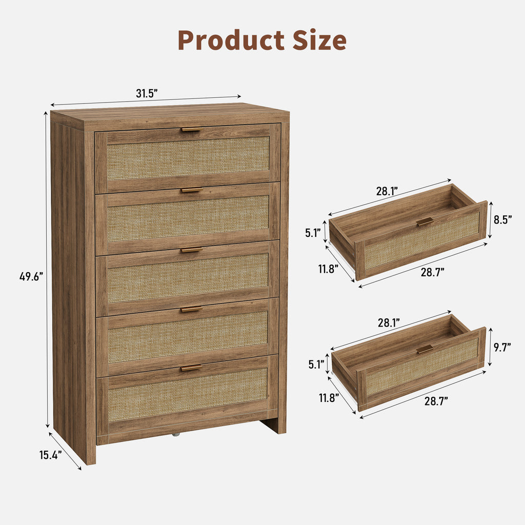 48'' Tall Dresser for Bedroom, Rattan Dresser with 5 Drawers, Boho Chest of Drawers- Vektaya