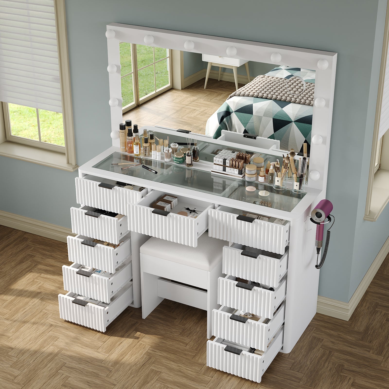11-Drawer LED Mirror Vanity Desk - Vektaya - VektayaDesk