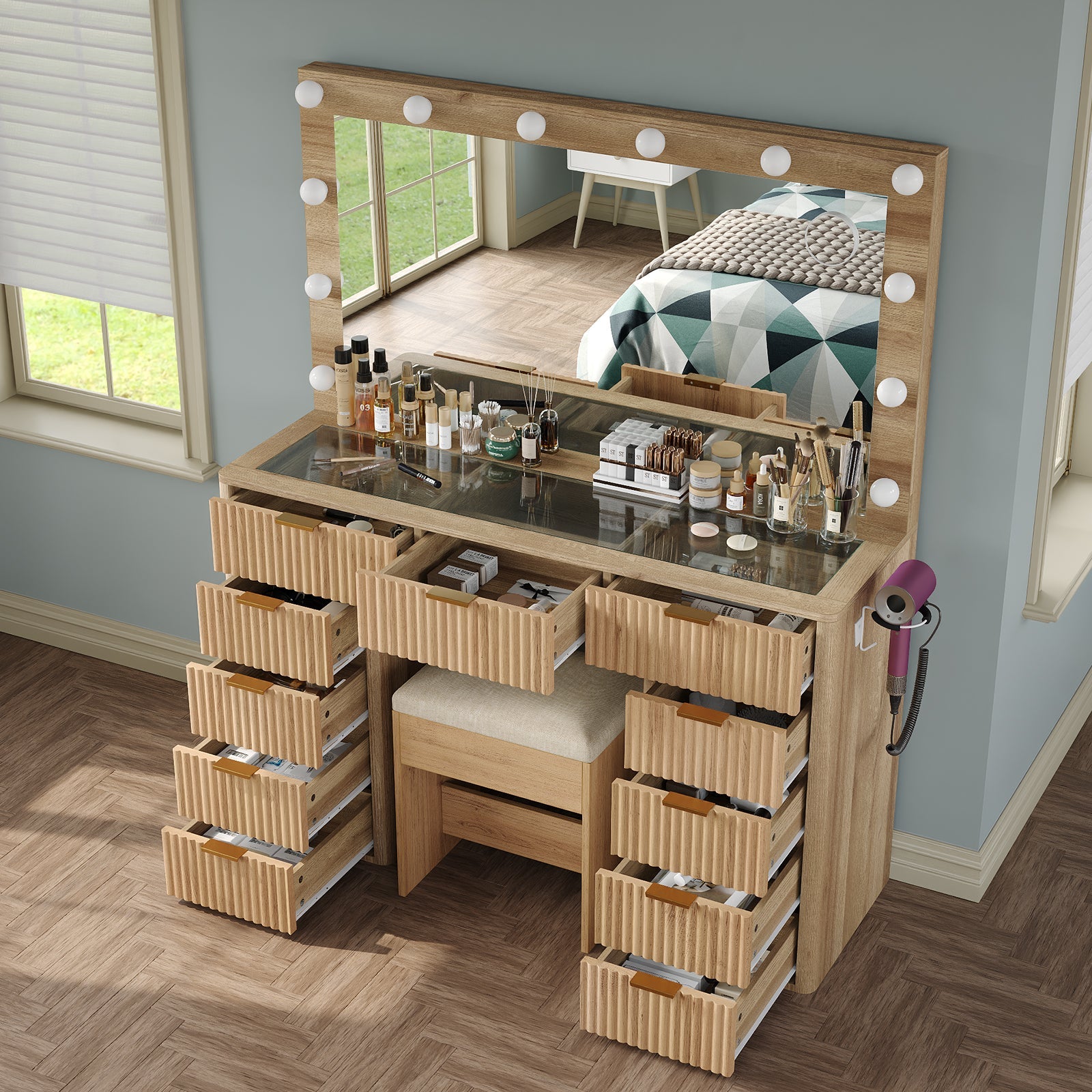 11-Drawer LED Mirror Vanity Desk - Vektaya - VektayaDesk