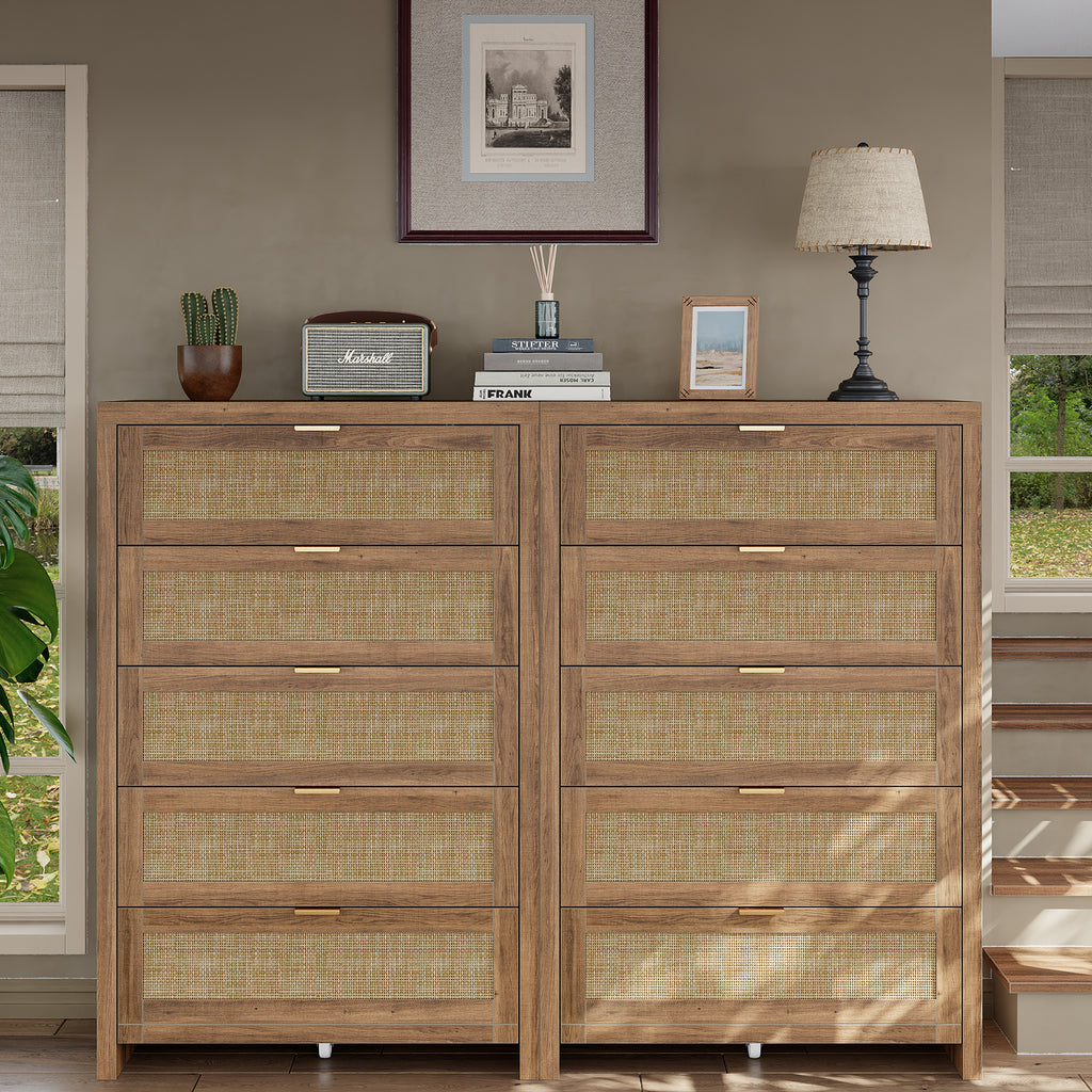 48'' Tall Dresser for Bedroom, Rattan Dresser with 5 Drawers, Boho Chest of Drawers- Vektaya