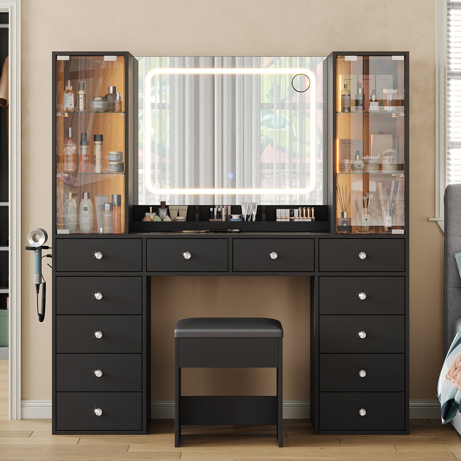 12-Drawer Mirror Vanity Desk - Vektaya - VektayaDeskUS-VD035-bk-2