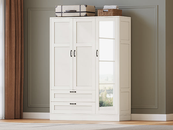 5-in-1 Armoire Wardrobe Closet with Full Length Acrylic Mirror & 2 Drawers, White - Vektaya