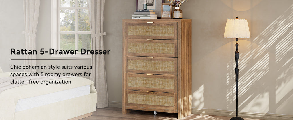 48'' Tall Dresser for Bedroom, Rattan Dresser with 5 Drawers, Boho Chest of Drawers- Vektaya