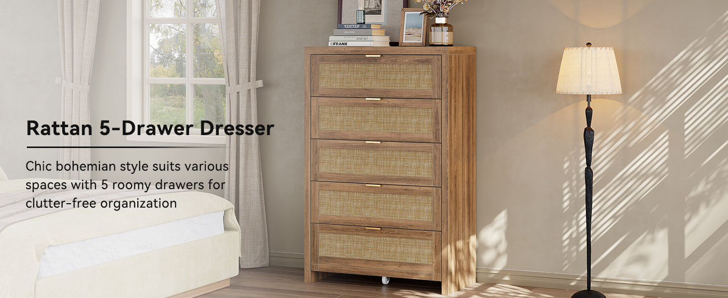 48'' Tall Dresser for Bedroom, Rattan Dresser with 5 Drawers, Boho Chest of Drawers- Vektaya