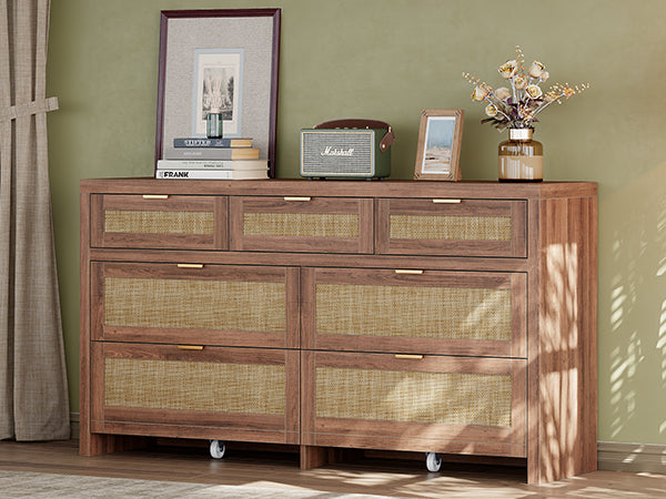 7 Drawers Dresser for Bedroom, 57” Rattan Dresser with Ample Storage- Vektaya