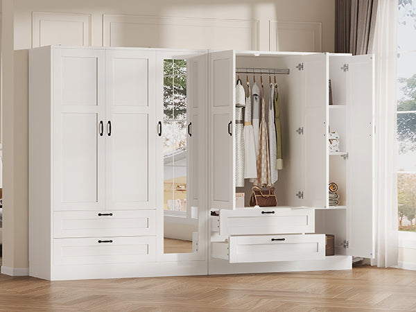 5-in-1 Armoire Wardrobe Closet with Full Length Acrylic Mirror & 2 Drawers, White - Vektaya