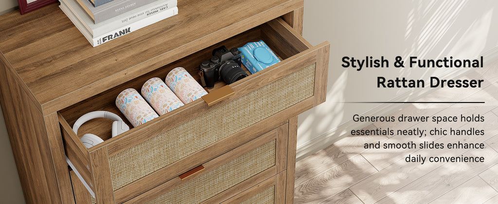 48'' Tall Dresser for Bedroom, Rattan Dresser with 5 Drawers, Boho Chest of Drawers- Vektaya