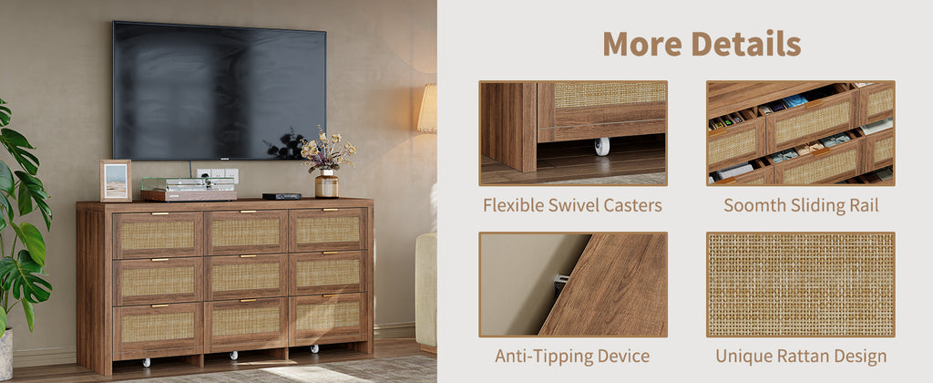 9 Drawers Dresser for Bedroom, 57” Rattan Dresser with Ample Storage,