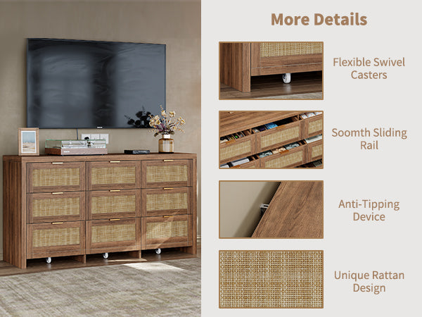 9 Drawers Dresser for Bedroom, 57” Rattan Dresser with Ample Storage,