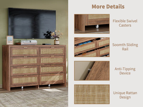 8 Large Drawers Dresser, 55” Rattan Dresser with Ample Storage- Vektaya