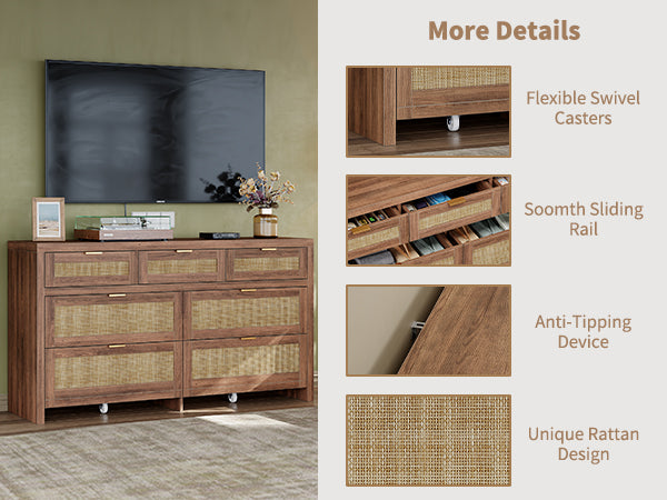 7 Drawers Dresser for Bedroom, 57” Rattan Dresser with Ample Storage- Vektaya