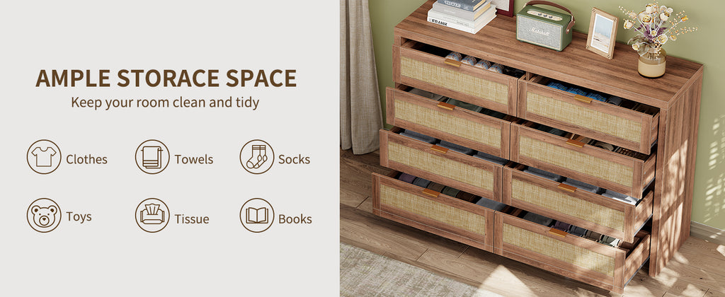 8 Large Drawers Dresser, 55” Rattan Dresser with Ample Storage- Vektaya