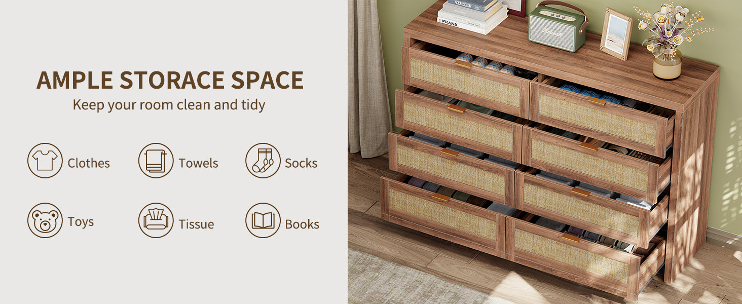 8 Large Drawers Dresser, 55” Rattan Dresser with Ample Storage- Vektaya