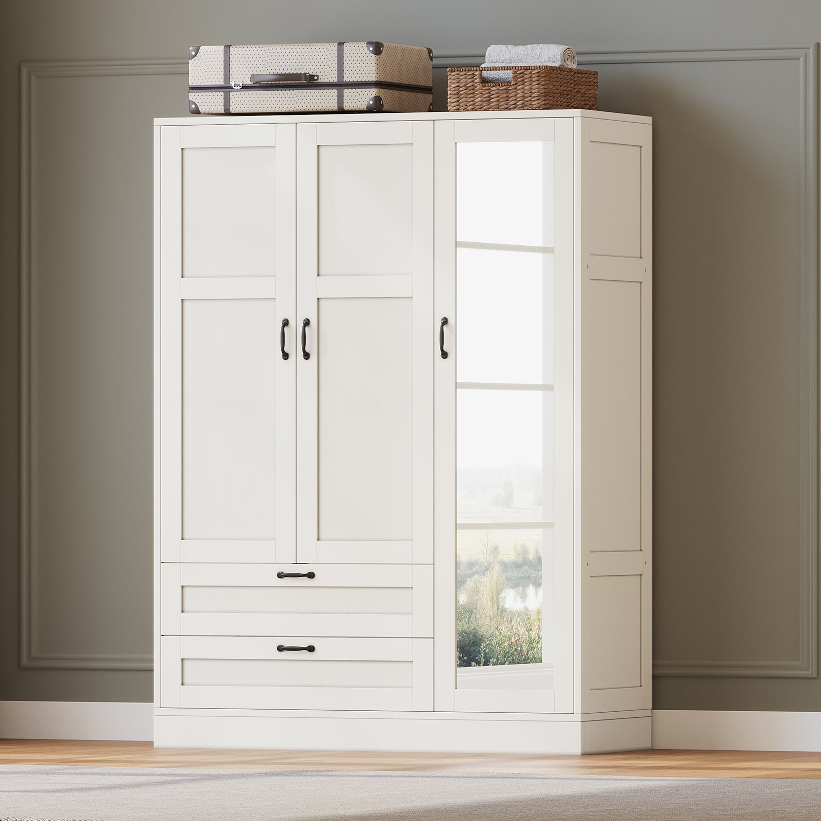 5-in-1 Armoire Wardrobe Closet with Full Length Acrylic Mirror & 2 Drawers, White - Vektaya