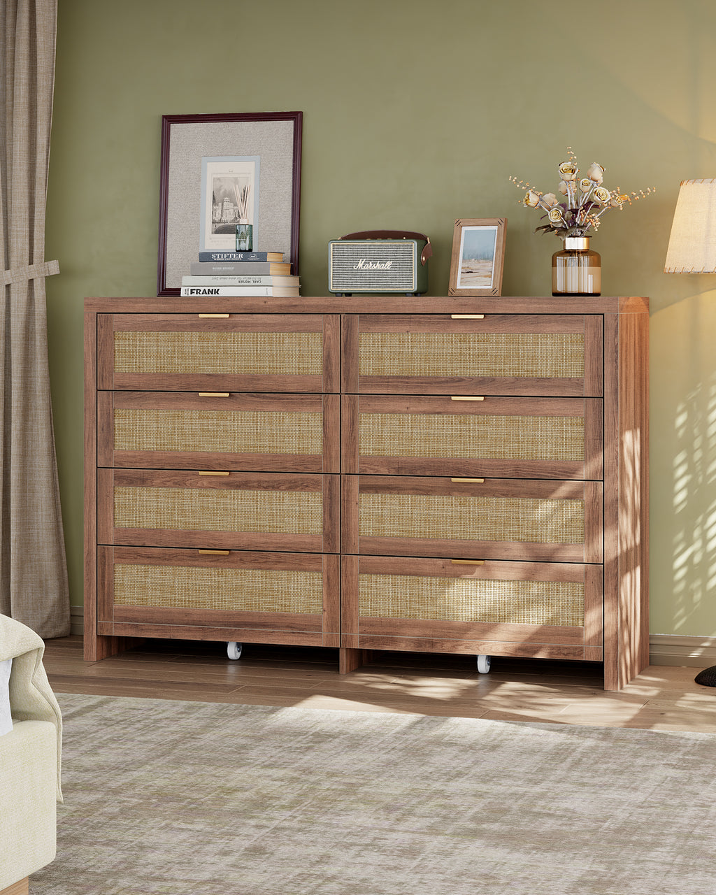 8 Large Drawers Dresser, 55” Rattan Dresser with Ample Storage- Vektaya