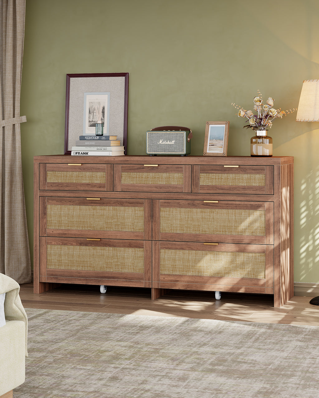 7 Drawers Dresser for Bedroom, 57” Rattan Dresser with Ample Storage- Vektaya