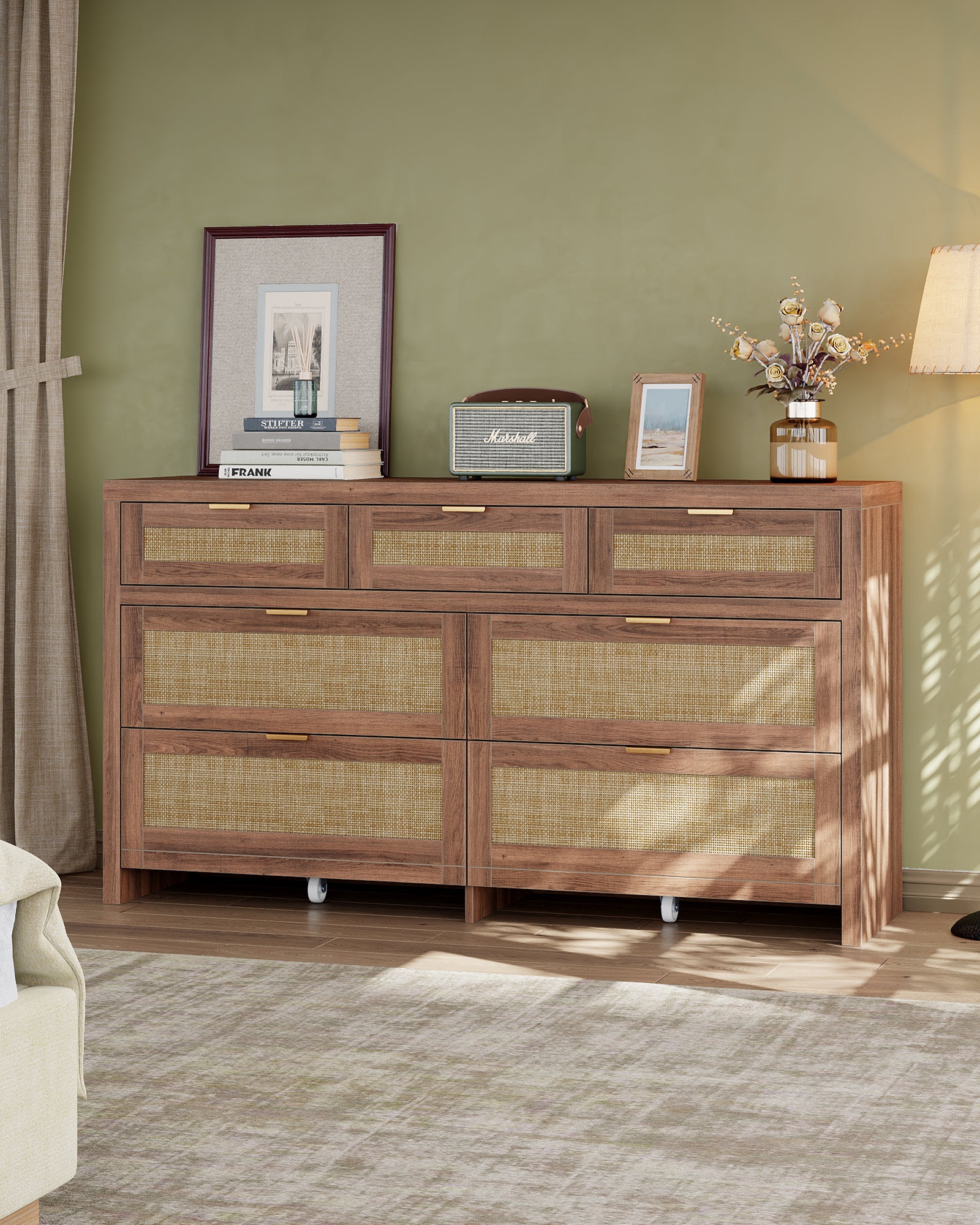 7 Drawers Dresser for Bedroom, 57” Rattan Dresser with Ample Storage- Vektaya