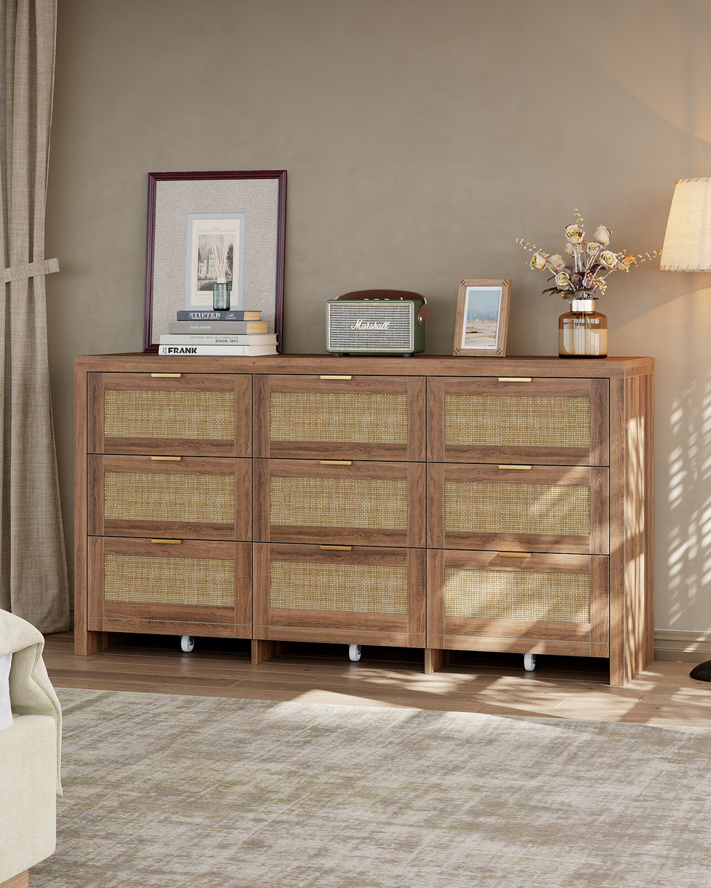 9 Drawers Dresser for Bedroom, 57” Rattan Dresser with Ample Storage,