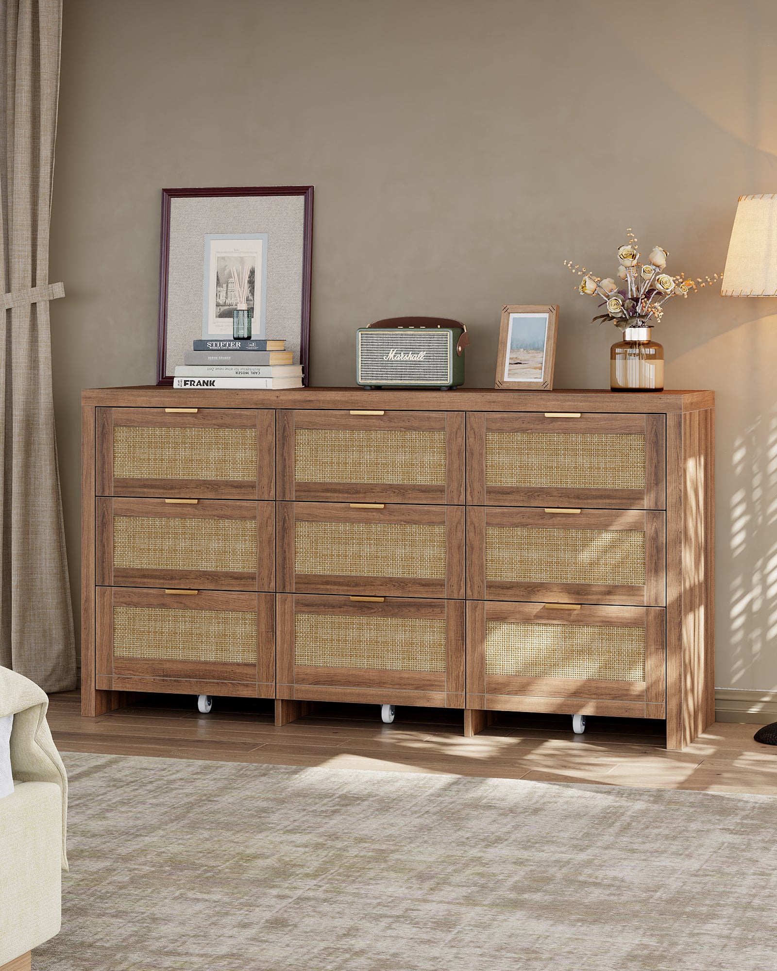 9 Drawers Dresser for Bedroom, 57” Rattan Dresser with Ample Storage,