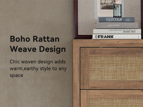 48'' Tall Dresser for Bedroom, Rattan Dresser with 5 Drawers, Boho Chest of Drawers- Vektaya
