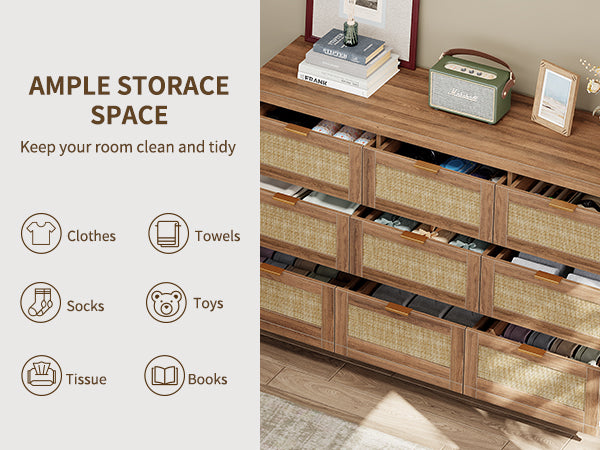 9 Drawers Dresser for Bedroom, 57” Rattan Dresser with Ample Storage,