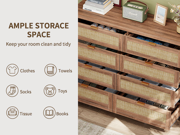 8 Large Drawers Dresser, 55” Rattan Dresser with Ample Storage- Vektaya