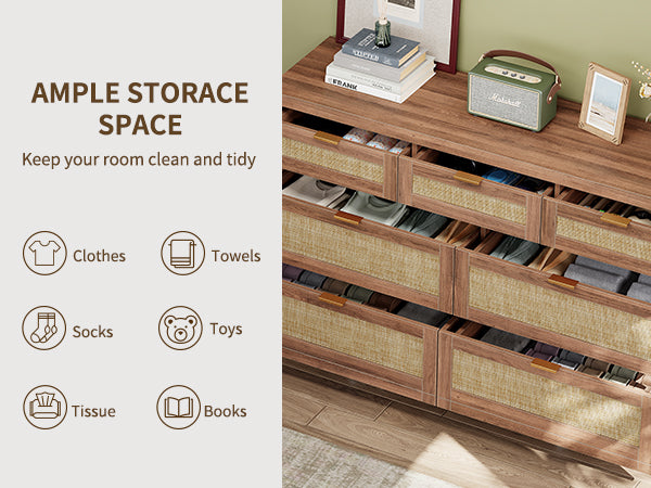 7 Drawers Dresser for Bedroom, 57” Rattan Dresser with Ample Storage- Vektaya