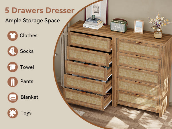 48'' Tall Dresser for Bedroom, Rattan Dresser with 5 Drawers, Boho Chest of Drawers- Vektaya