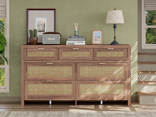 7 Drawers Dresser for Bedroom, 57” Rattan Dresser with Ample Storage- Vektaya