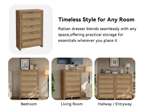 48'' Tall Dresser for Bedroom, Rattan Dresser with 5 Drawers, Boho Chest of Drawers- Vektaya