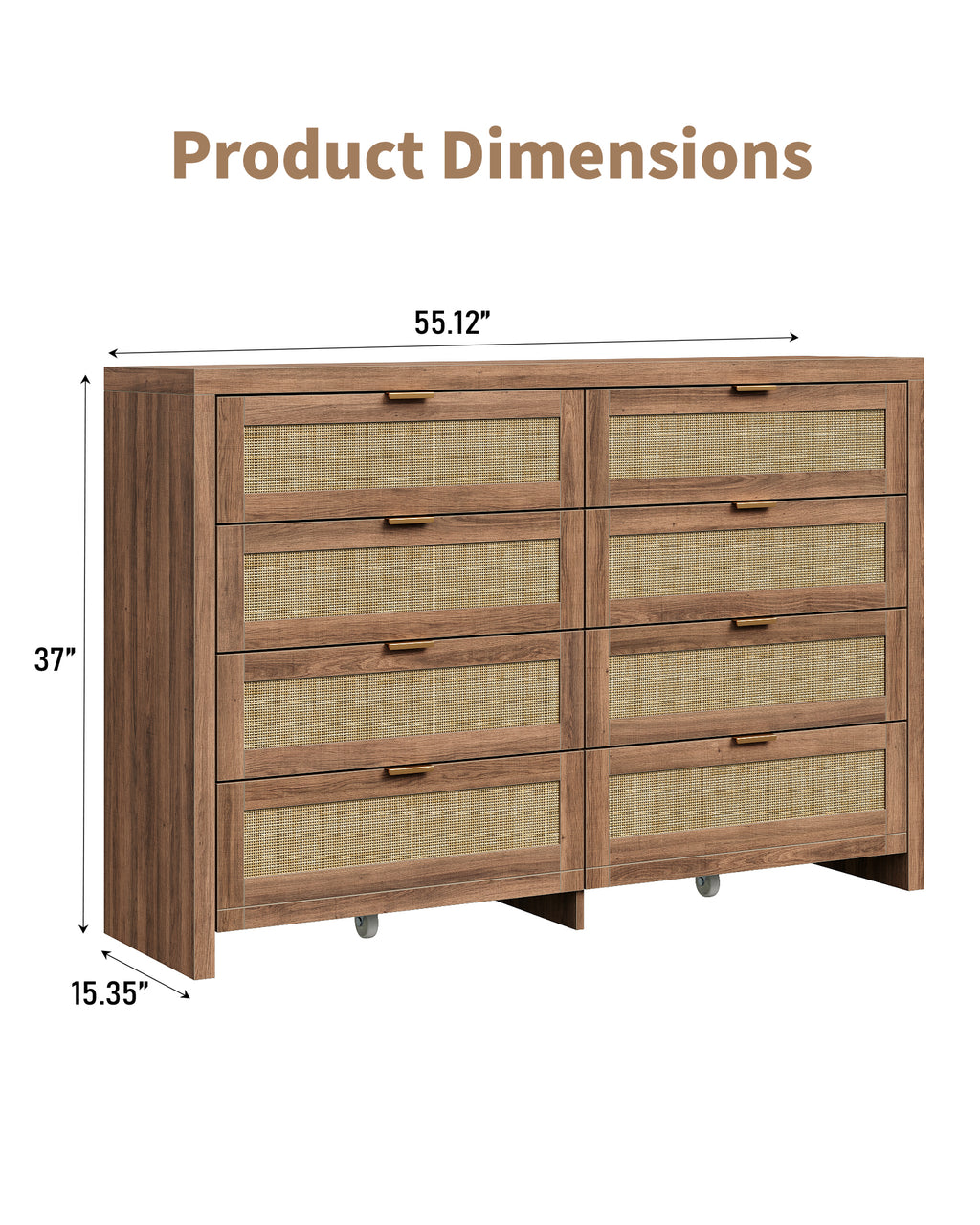 8 Large Drawers Dresser, 55” Rattan Dresser with Ample Storage- Vektaya