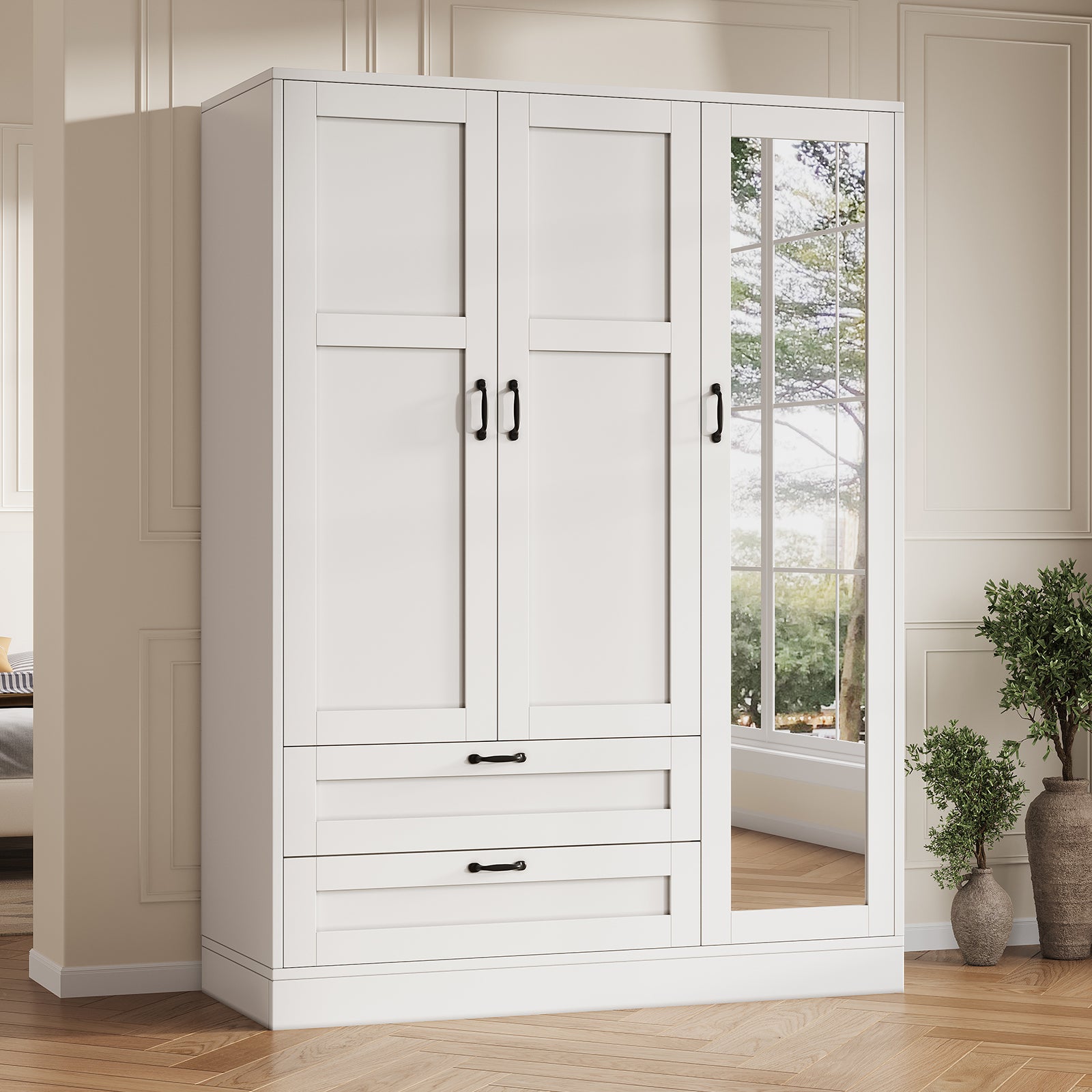5-in-1 Armoire Wardrobe Closet with Full Length Acrylic Mirror & 2 Drawers, White - Vektaya