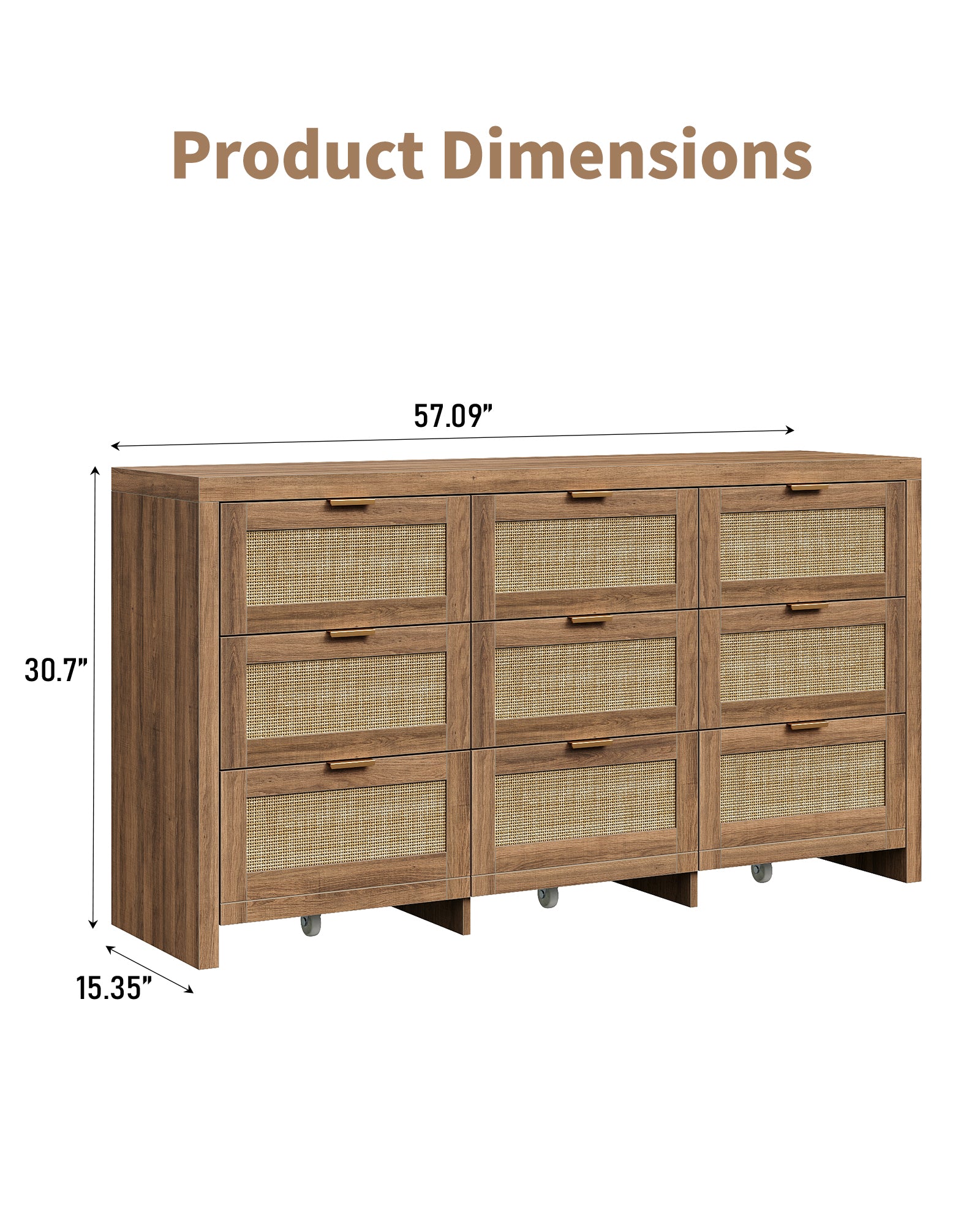 9 Drawers Dresser for Bedroom, 57” Rattan Dresser with Ample Storage,