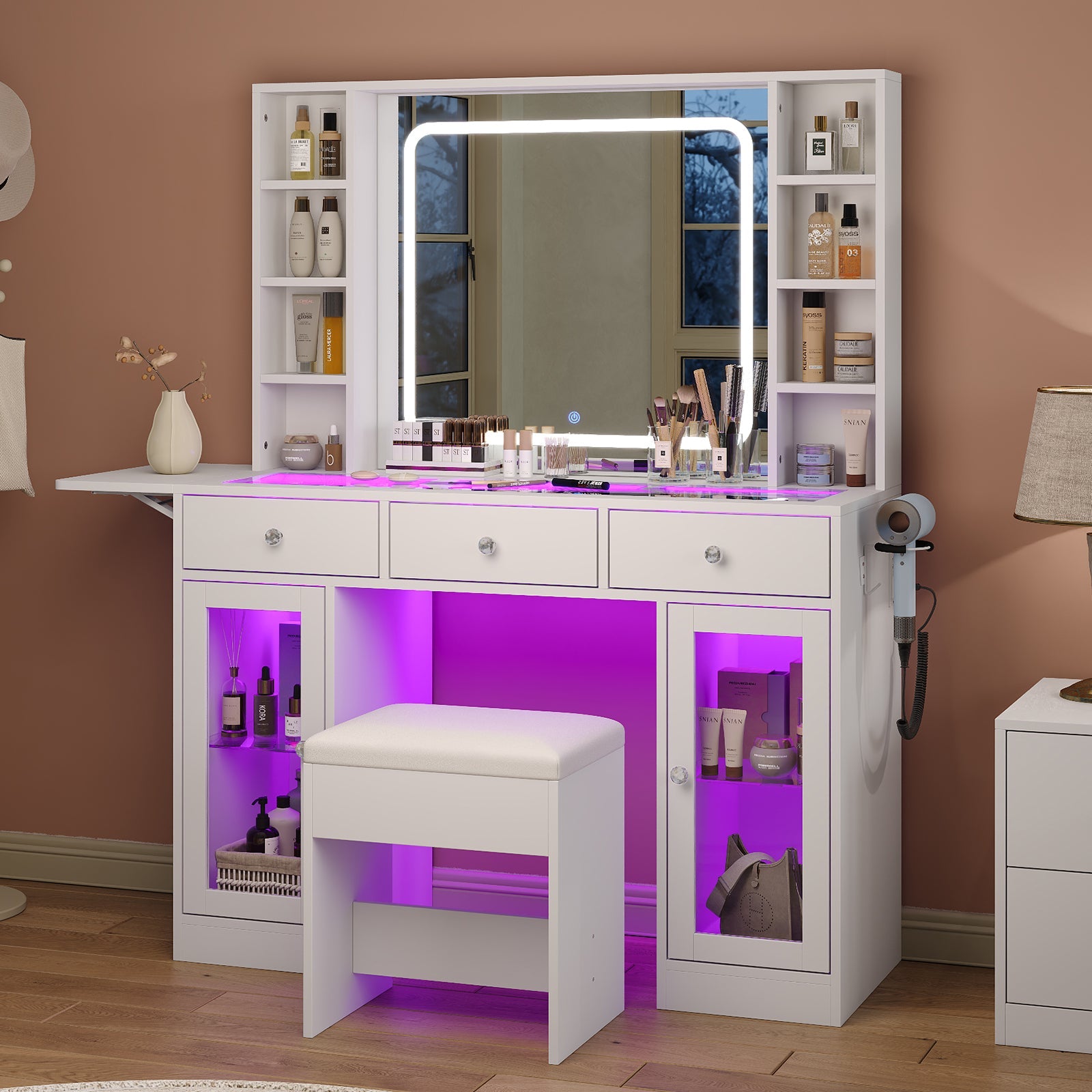 3-Drawer LED Mirror Vanity Desk - Vektaya - VektayaDeskVD032-WH