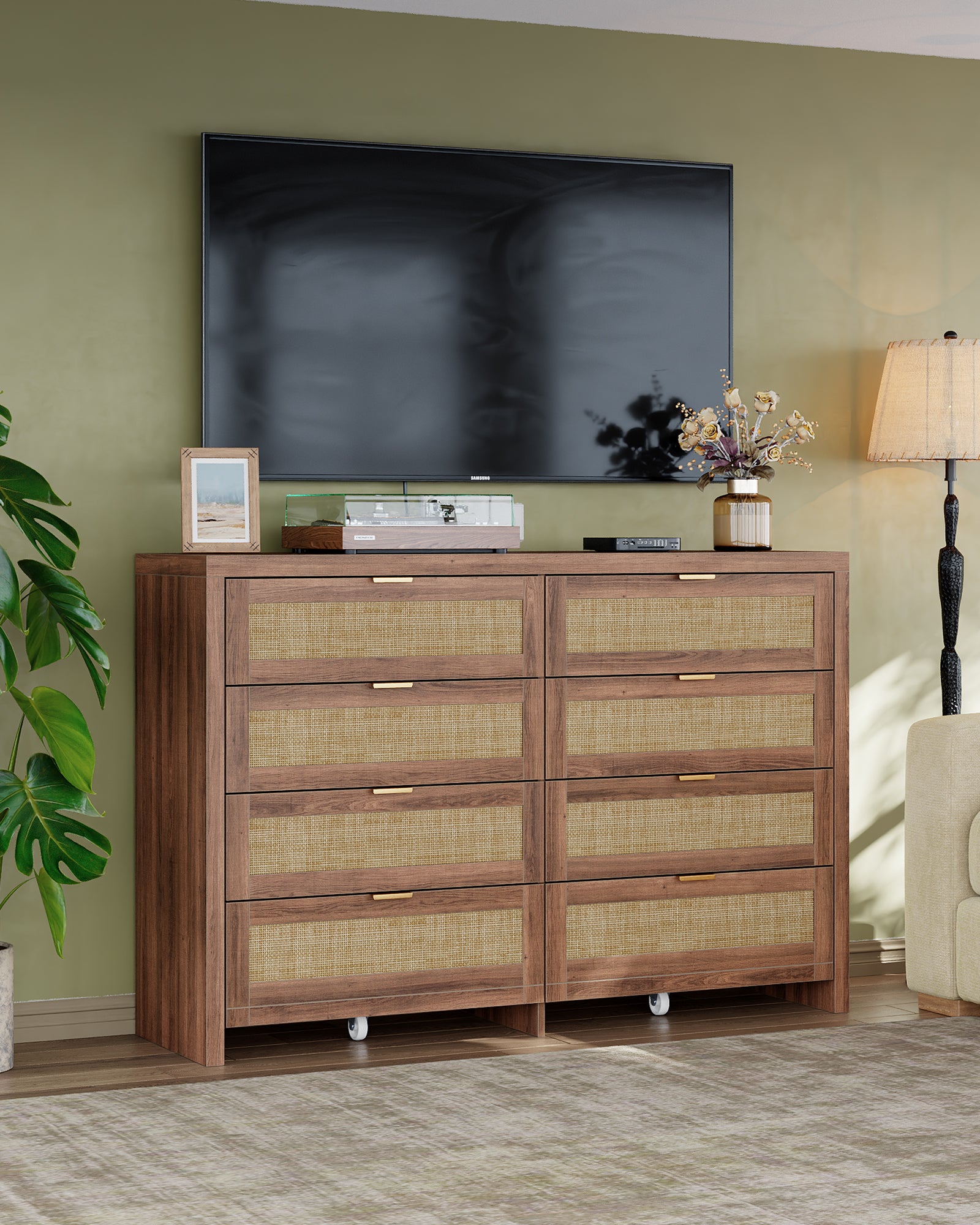 8 Large Drawers Dresser, 55” Rattan Dresser with Ample Storage- Vektaya