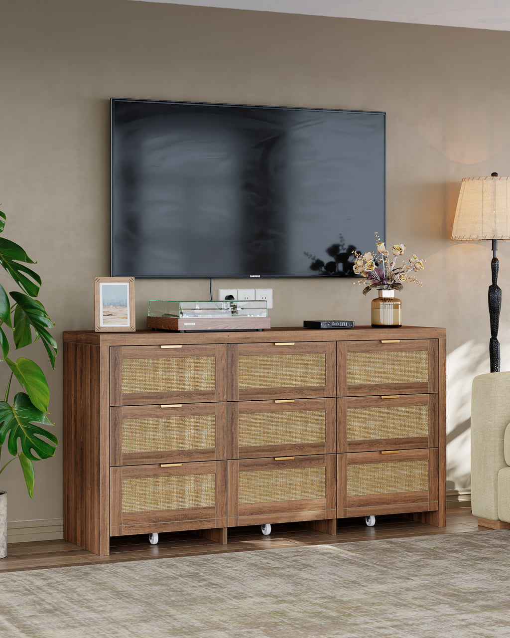 9 Drawers Dresser for Bedroom, 57” Rattan Dresser with Ample Storage,