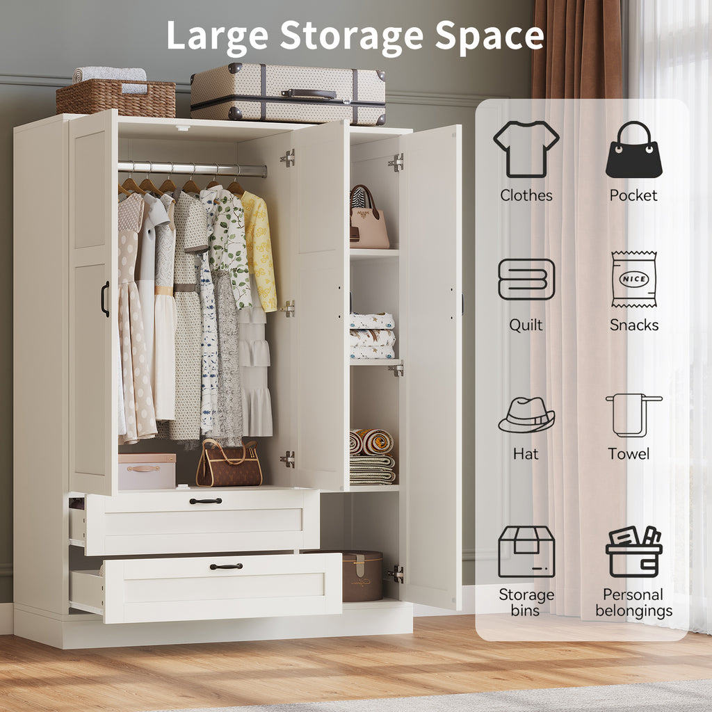 5-in-1 Armoire Wardrobe Closet with Full Length Acrylic Mirror & 2 Drawers, White - Vektaya