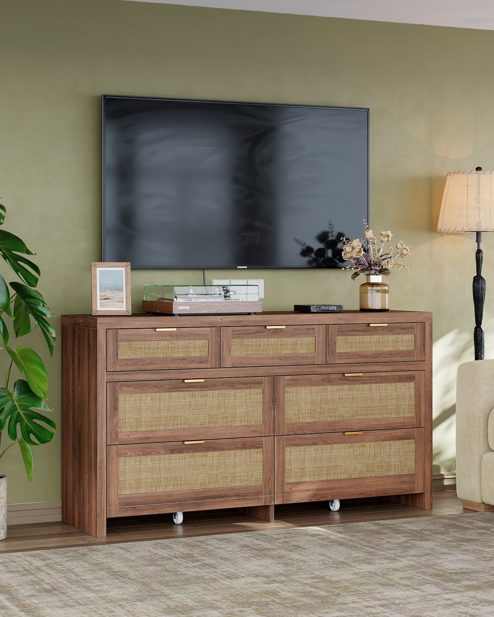 7 Drawers Dresser for Bedroom, 57” Rattan Dresser with Ample Storage- Vektaya