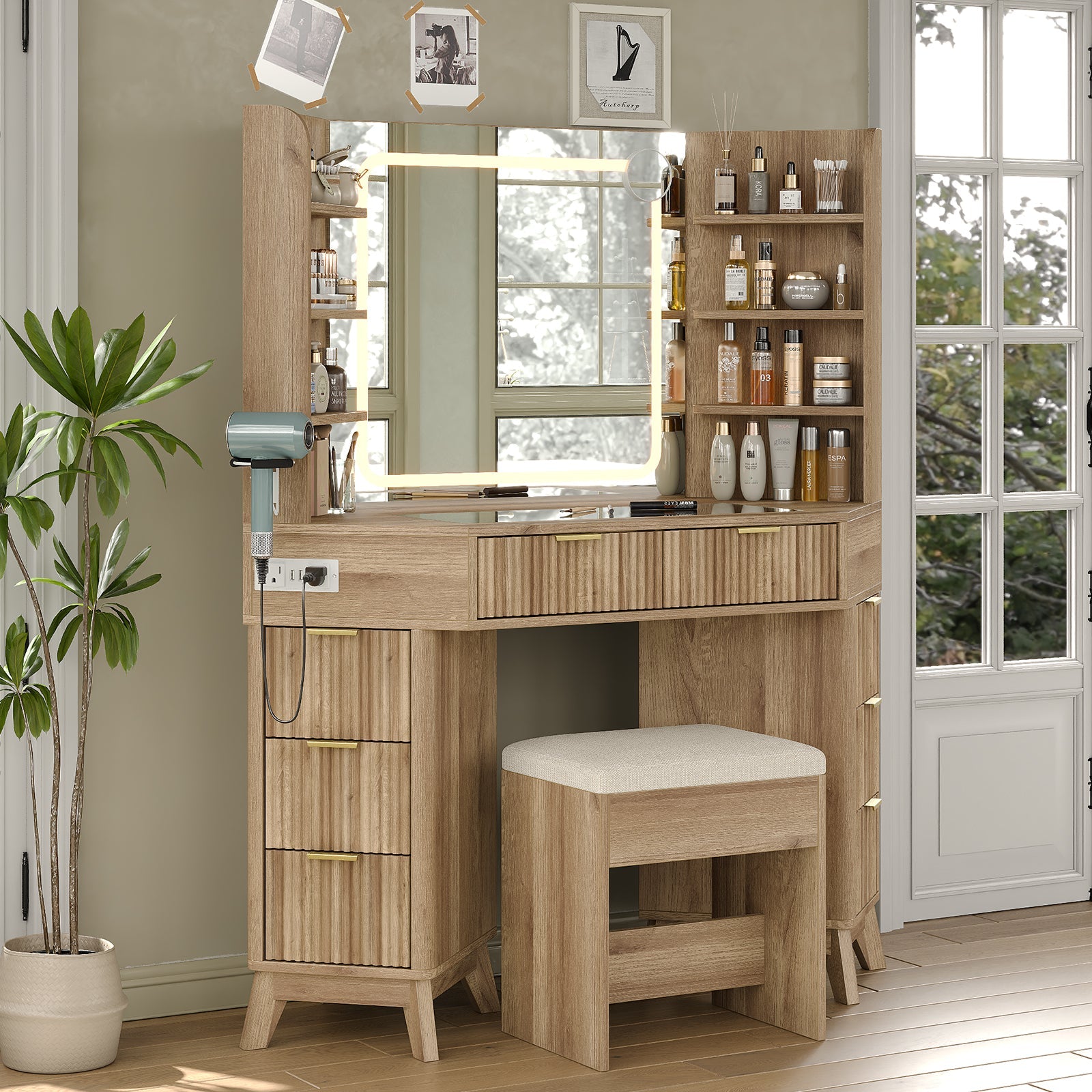 47"Corner Vanity Desk with Mirror & Lights, 8 Drawers - Vektaya - VektayaVanity MirrorUS-VD042-NR