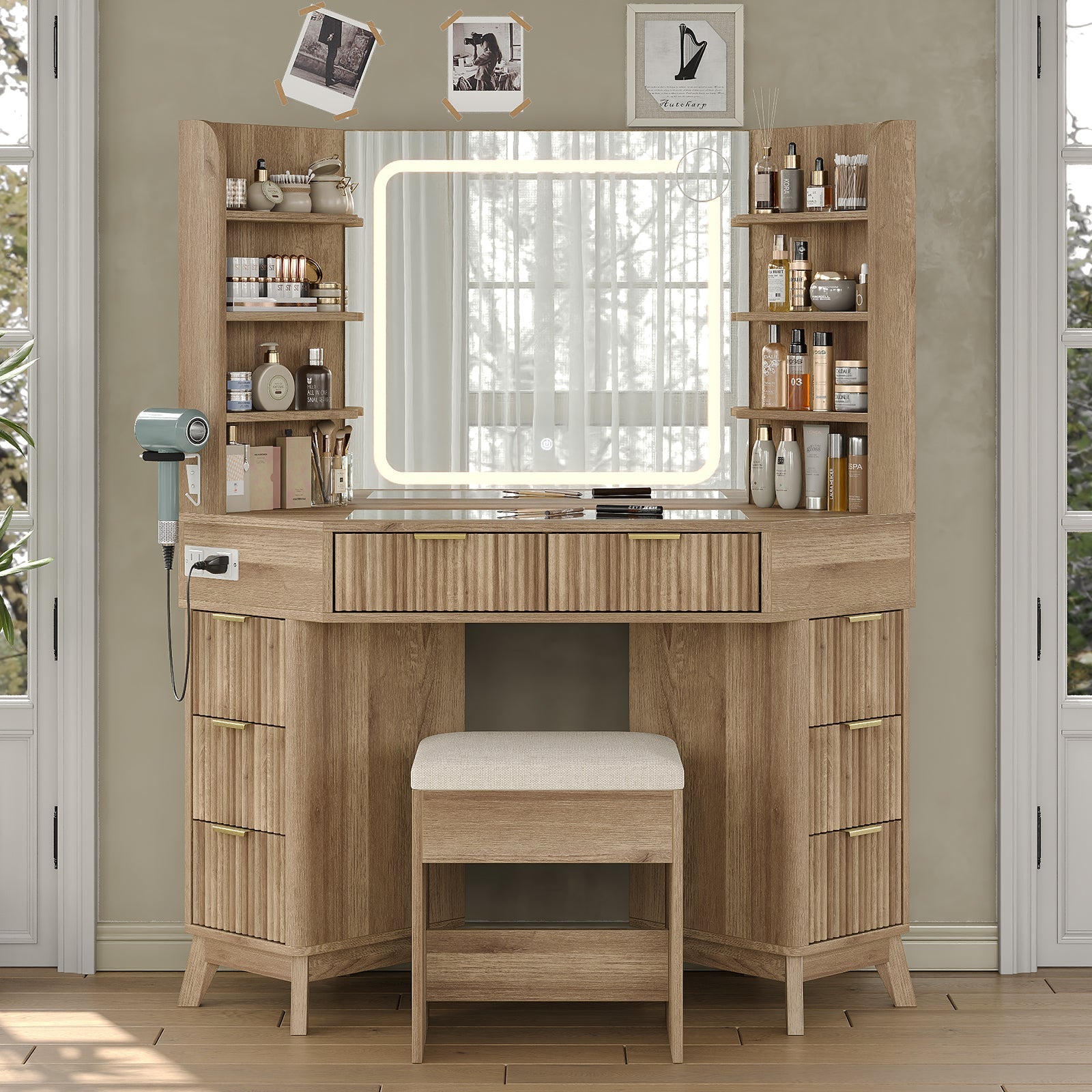 47"Corner Vanity Desk with Mirror & Lights, 8 Drawers - Vektaya - VektayaVanity MirrorUS-VD042-NR