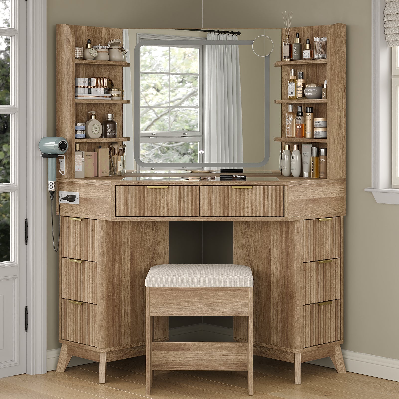47"Corner Vanity Desk with Mirror & Lights, 8 Drawers - Vektaya - VektayaVanity MirrorUS-VD042-NR