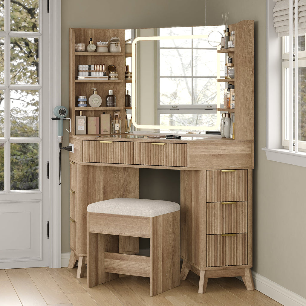 47"Corner Vanity Desk with Mirror & Lights, 8 Drawers - Vektaya - VektayaVanity MirrorUS-VD042-NR