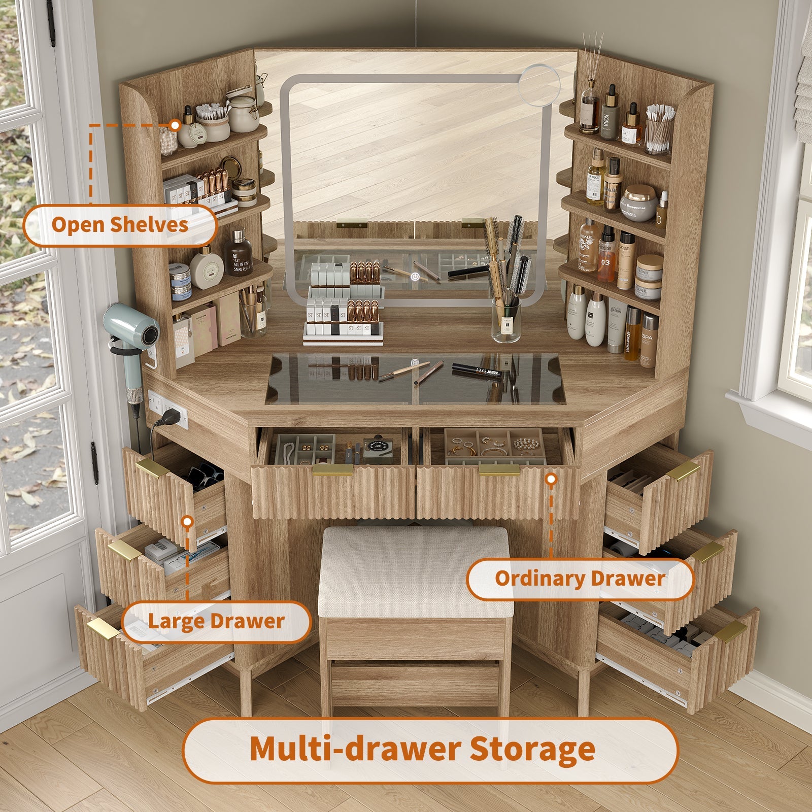 47"Corner Vanity Desk with Mirror & Lights, 8 Drawers - Vektaya - VektayaVanity MirrorUS-VD042-NR