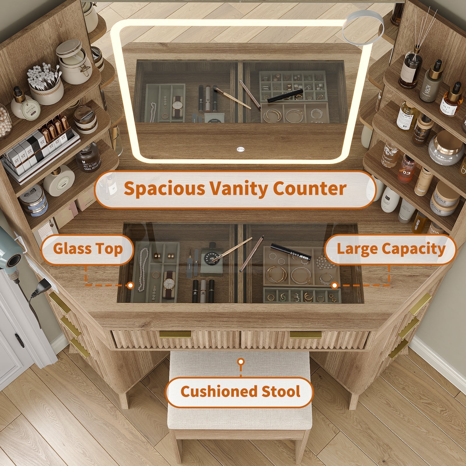 47"Corner Vanity Desk with Mirror & Lights, 8 Drawers - Vektaya - VektayaVanity MirrorUS-VD042-NR
