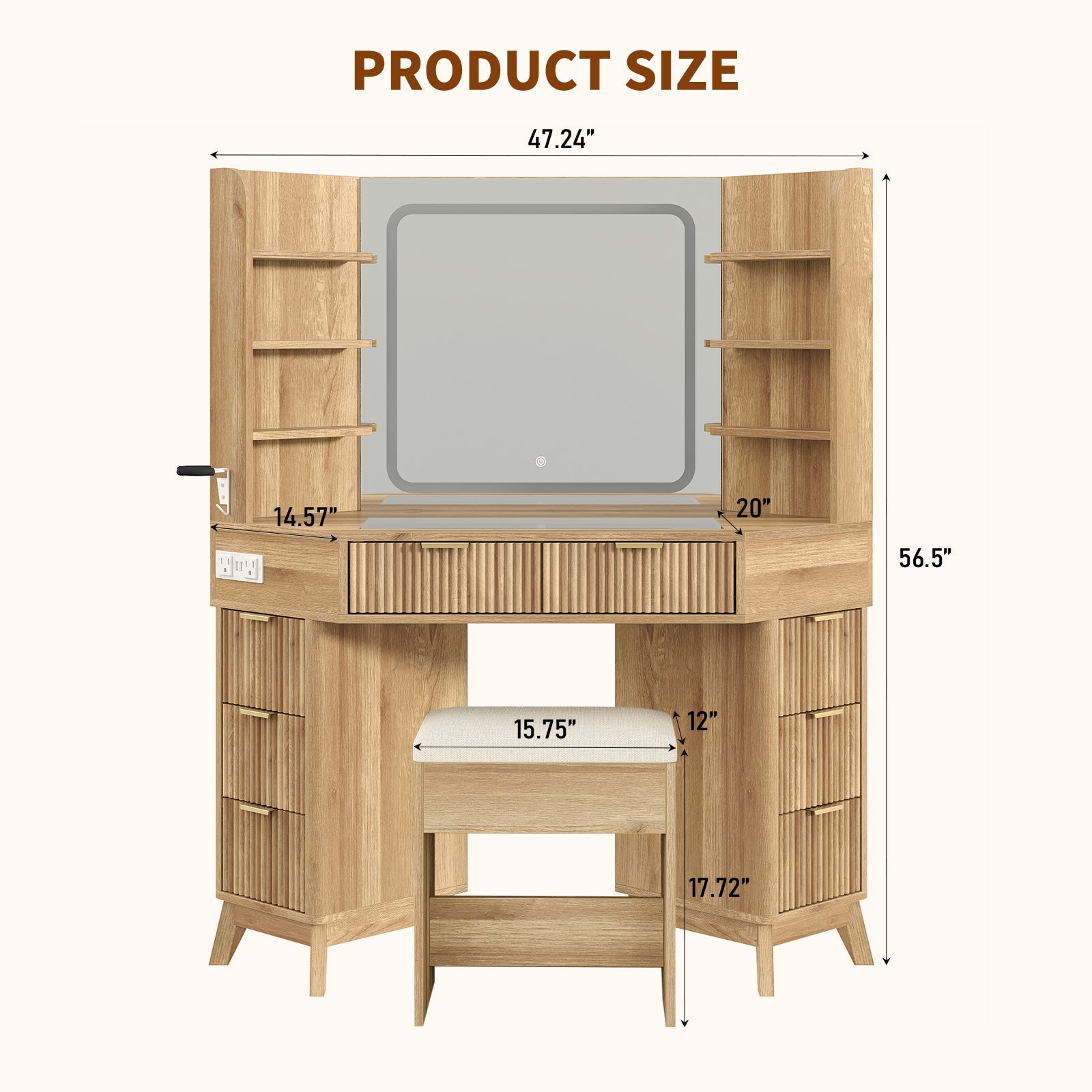 47"Corner Vanity Desk with Mirror & Lights, 8 Drawers - Vektaya - VektayaVanity MirrorUS-VD042-NR