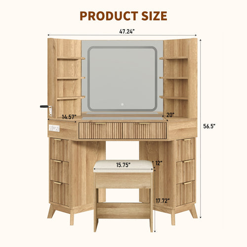 47"Corner Vanity Desk with Mirror & Lights, 8 Drawers - Vektaya - VektayaVanity MirrorUS-VD042-NR