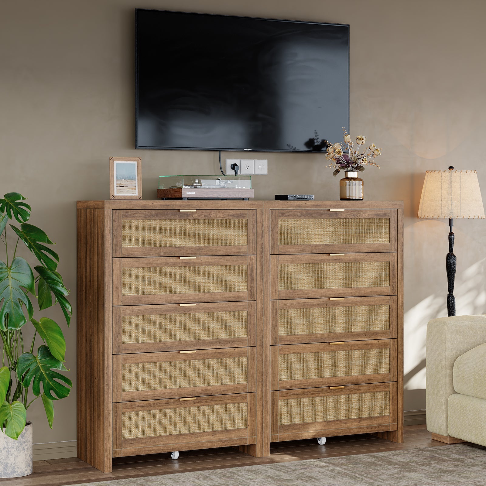 48'' Tall Dresser for Bedroom, Rattan Dresser with 5 Drawers, Boho Chest of Drawers- Vektaya - VektayaDresserDS015-NR