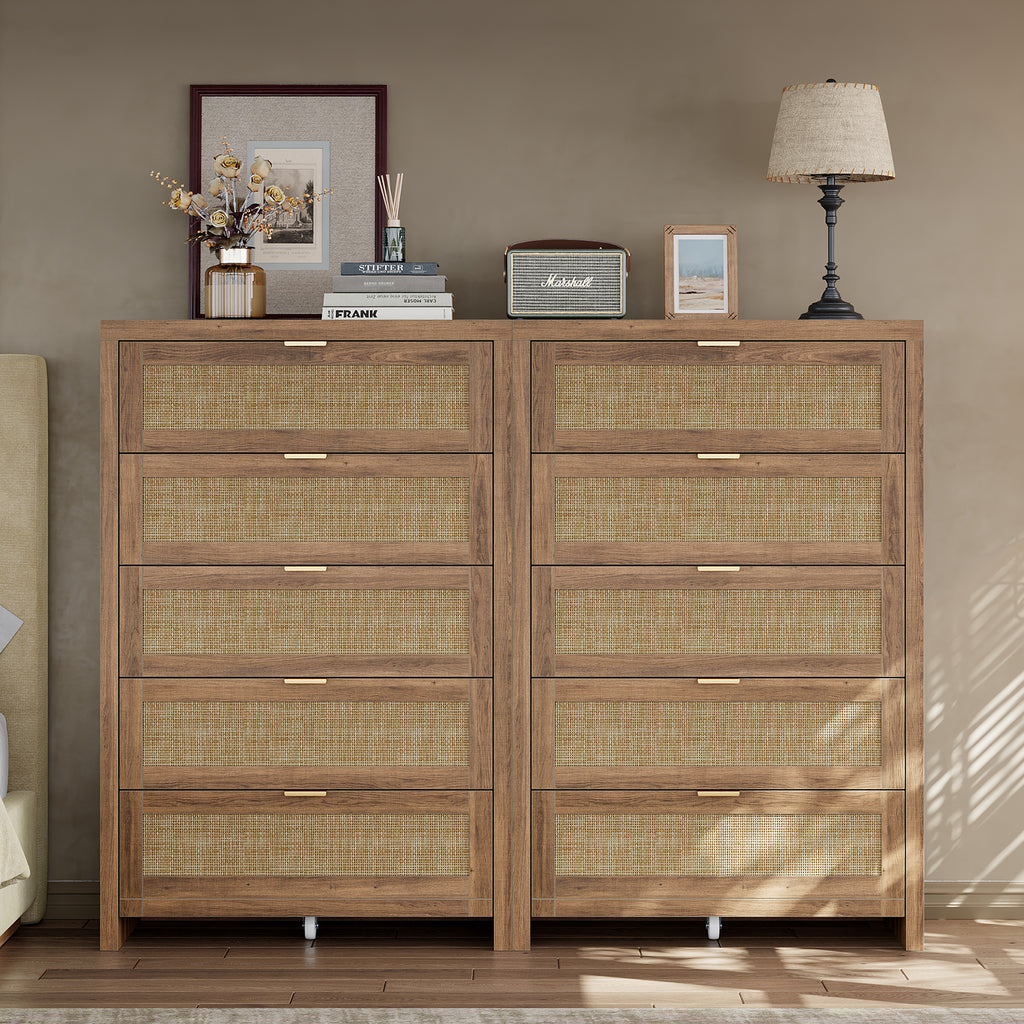 48'' Tall Dresser for Bedroom, Rattan Dresser with 5 Drawers, Boho Chest of Drawers- Vektaya