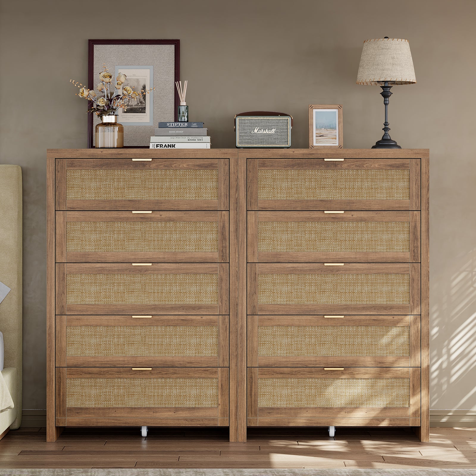 48'' Tall Dresser for Bedroom, Rattan Dresser with 5 Drawers, Boho Chest of Drawers- Vektaya