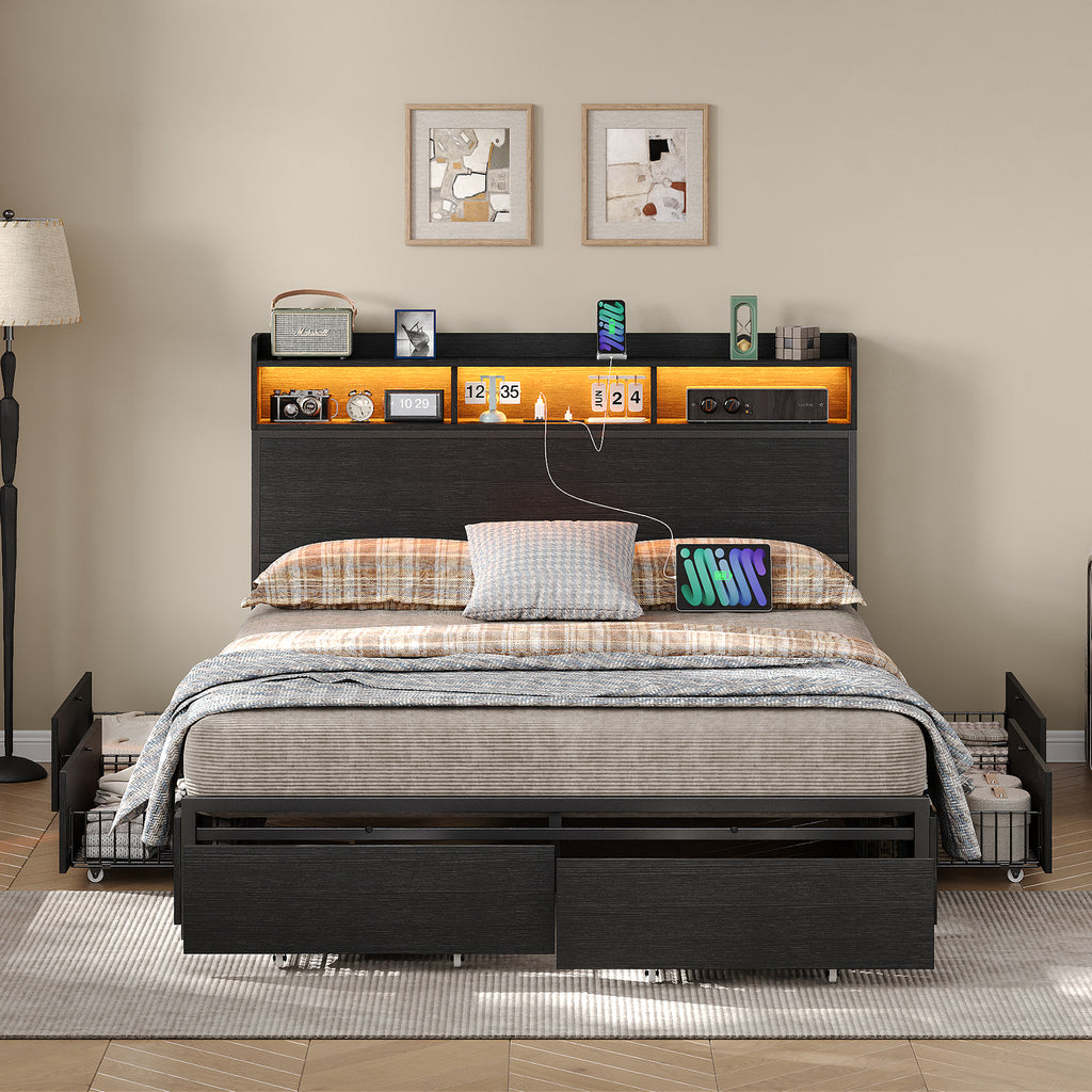 Yanosaku US-BF010-BK Full/Queen Bed Frame with 6 Storage Drawers,a Bookcase Headboard. LED Lights, a Charging Station,No Box Spring Needed,Black